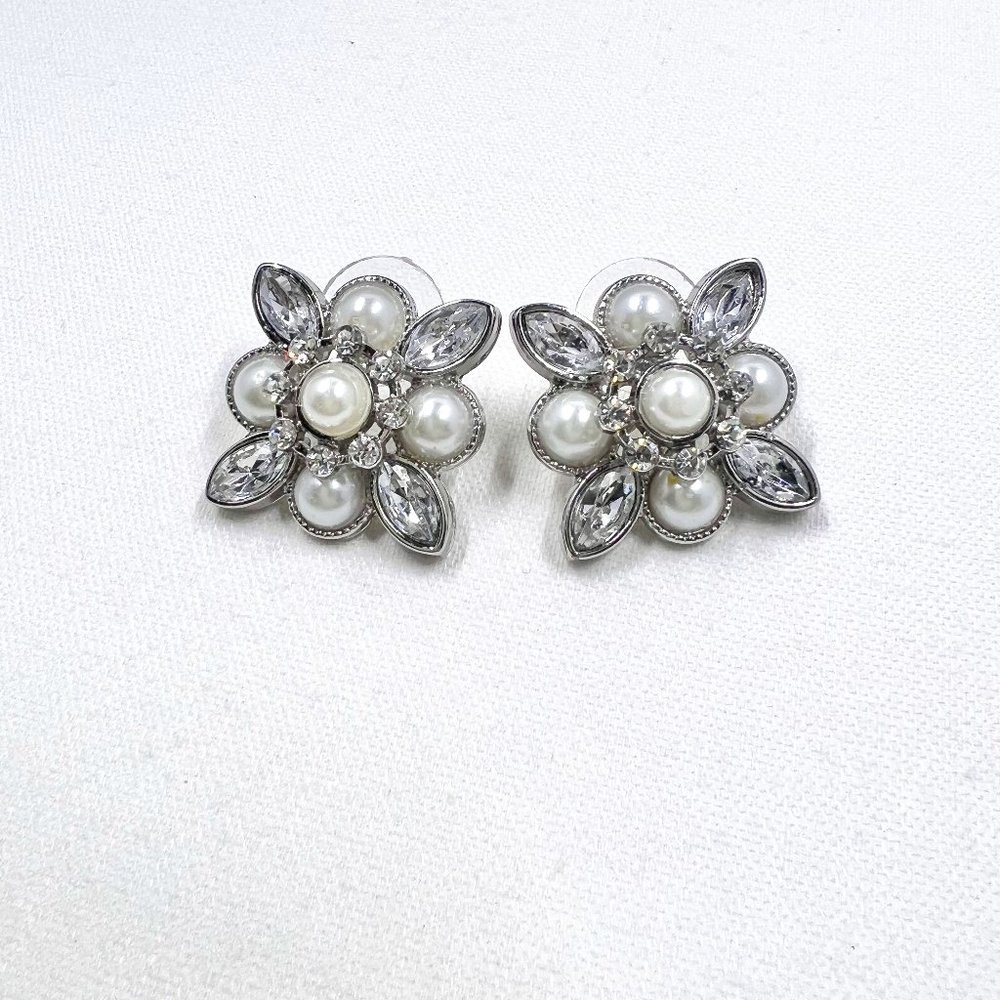 Silver Tone Faux Pearl and Gem Cluster Square Post Earrings